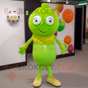 Lime Green Petanque Ball mascot costume character dressed with a Yoga Pants and Rings