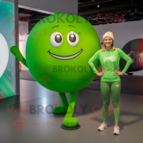 Lime Green Petanque Ball mascot costume character dressed with a Yoga Pants and Rings
