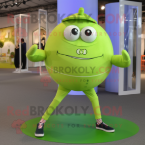 Lime Green Petanque Ball mascot costume character dressed with a Yoga Pants and Rings