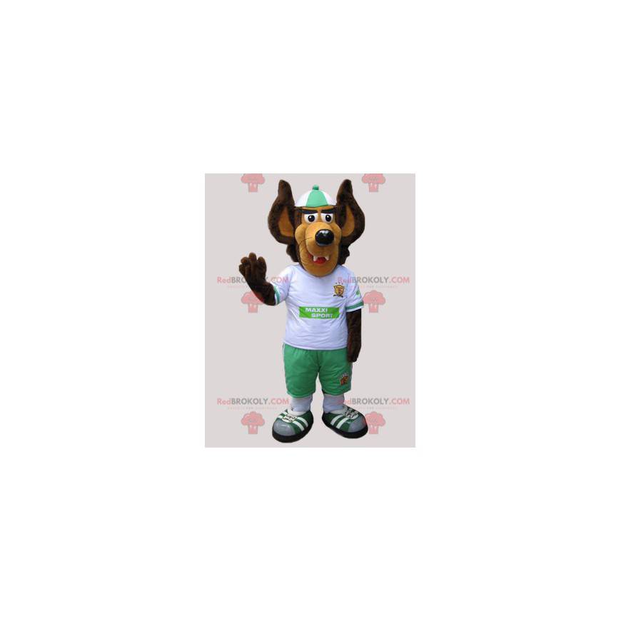 Brown and beige wolf mascot dressed in white and green -