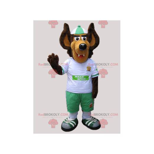 Brown and beige wolf mascot dressed in white and green -