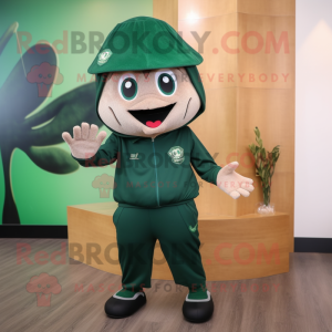 Forest Green Ray mascot costume character dressed with a Joggers and Berets