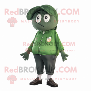 Forest Green Ray mascot costume character dressed with a Joggers and Berets