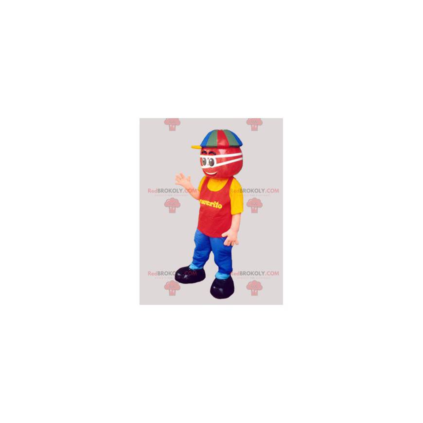 Mascotte de bonhomme rouge habillé d'une tenue très colorée -