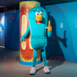 Cyan Currywurst mascot costume character dressed with a Yoga Pants and Suspenders
