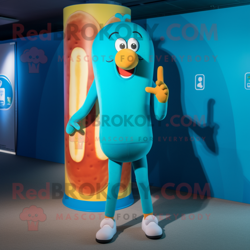 Cyan Currywurst mascot costume character dressed with a Yoga Pants and Suspenders Cyan Currywurst mascot costume character dressed with a Yoga Pants and Suspenders