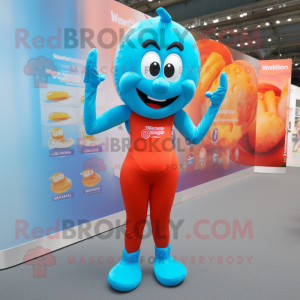 Cyan Currywurst mascot costume character dressed with a Yoga Pants and Suspenders
