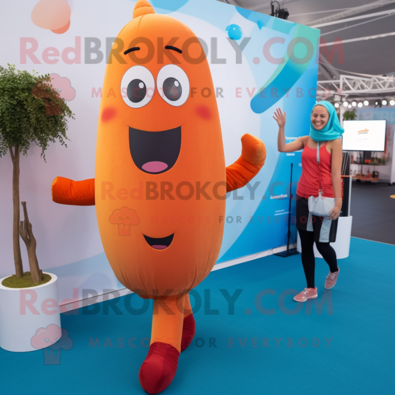 Cyan Currywurst mascot costume character dressed with a Yoga Pants and Suspenders Cyan Currywurst mascot costume character dressed with a Yoga Pants and Suspenders