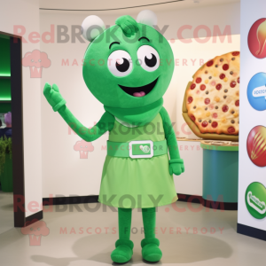 Green Pizza mascot costume character dressed with a Midi Dress and Belts