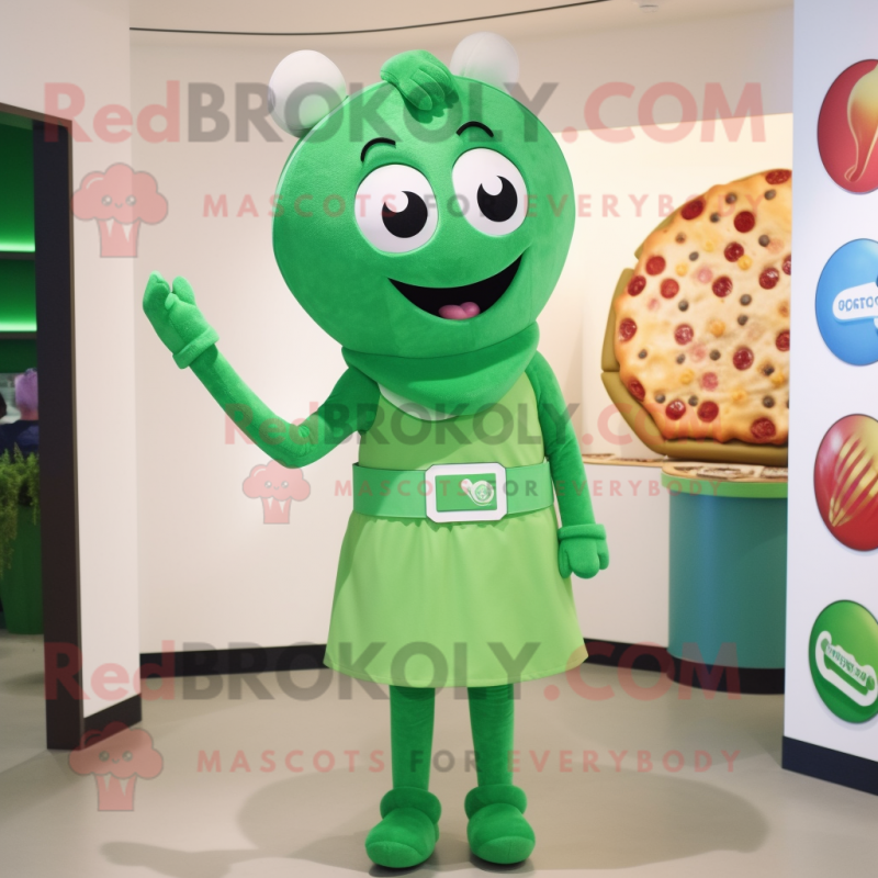 Green Pizza mascot costume character dressed with a Midi Dress and Belts Green Pizza mascot costume character dressed with a Midi Dress and Belts