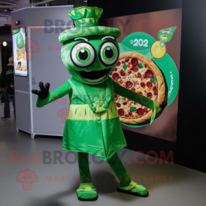 Green Pizza mascot costume character dressed with a Midi Dress and Belts