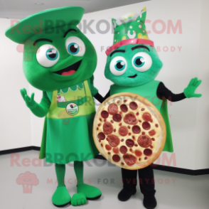 Green Pizza mascot costume character dressed with a Midi Dress and Belts