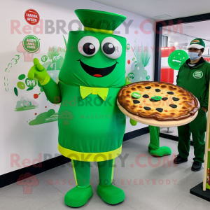 Green Pizza mascot costume character dressed with a Midi Dress and Belts