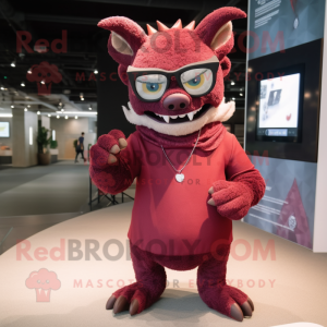 Maroon Gargoyle mascot costume character dressed with a Sweater and Eyeglasses