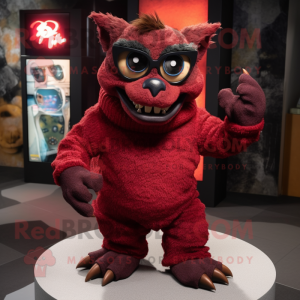 Maroon Gargoyle mascot costume character dressed with a Sweater and Eyeglasses