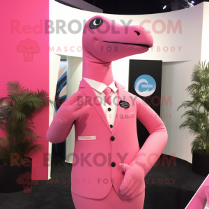 Pink Brachiosaurus mascot costume character dressed with a Suit Jacket and Lapel pins