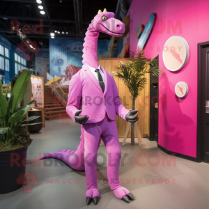 Pink Brachiosaurus mascot costume character dressed with a Suit Jacket and Lapel pins