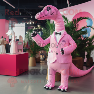 Pink Brachiosaurus mascot costume character dressed with a Suit Jacket and Lapel pins