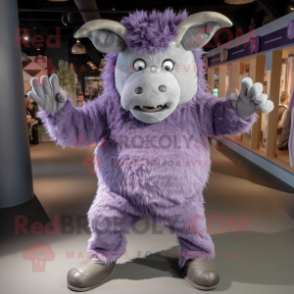 Lavender Woolly Rhinoceros mascot costume character dressed with a Playsuit and Shoe clips