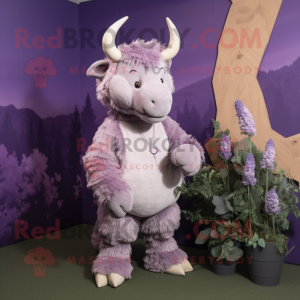 Lavender Woolly Rhinoceros mascot costume character dressed with a Playsuit and Shoe clips
