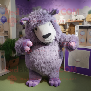 Lavender Woolly Rhinoceros mascot costume character dressed with a Playsuit and Shoe clips