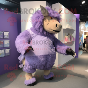 Lavender Woolly Rhinoceros mascot costume character dressed with a Playsuit and Shoe clips