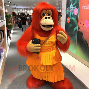 Orange Orangutan mascot costume character dressed with a Skirt and Clutch bags