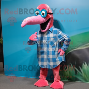 Cyan Flamingo mascot costume character dressed with a Flannel Shirt and Sunglasses