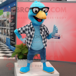 Cyan Flamingo mascot costume character dressed with a Flannel Shirt and Sunglasses