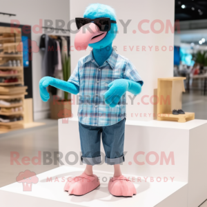 Cyan Flamingo mascot costume character dressed with a Flannel Shirt and Sunglasses