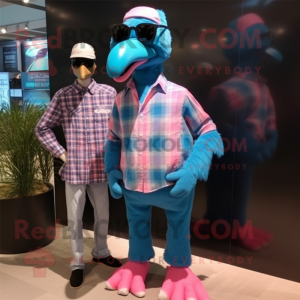 Cyan Flamingo mascot costume character dressed with a Flannel Shirt and Sunglasses