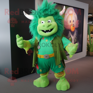 Green Yak mascot costume character dressed with a Flare Jeans and Keychains