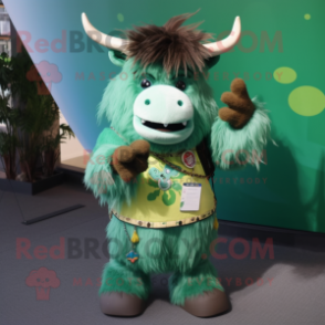 Green Yak mascot costume character dressed with a Flare Jeans and Keychains