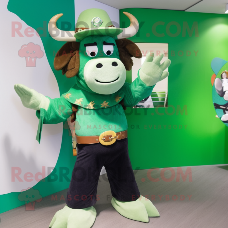 Green Yak mascot costume character dressed with a Flare Jeans and Keychains