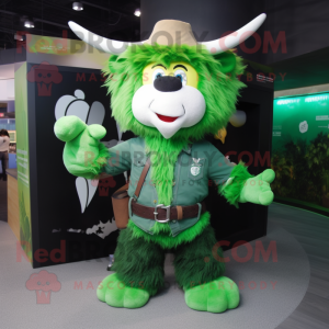 Green Yak mascot costume character dressed with a Flare Jeans and Keychains