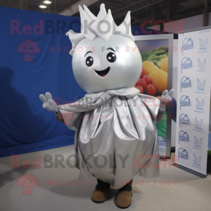 Silver Onion mascot costume character dressed with a Windbreaker and Wraps