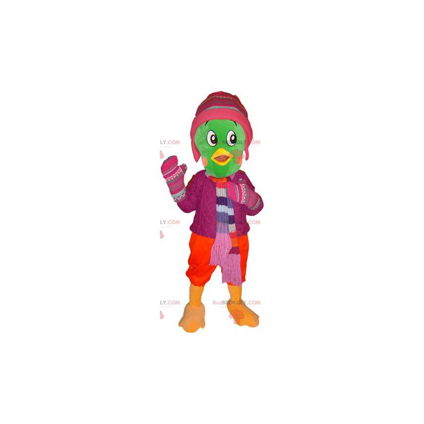 Green bird mascot dressed in winter clothes - Redbrokoly.com