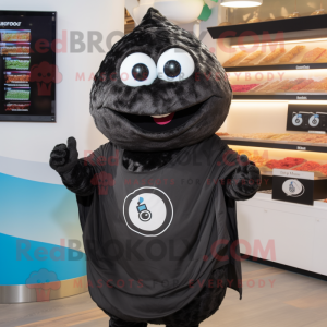 Black Oyster mascot costume character dressed with a Sweatshirt and Wraps