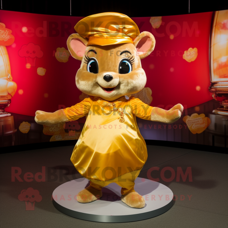 Gold Dormouse mascot costume character dressed with a Mini Dress and Caps