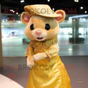 Gold Dormouse mascot costume character dressed with a Mini Dress and Caps
