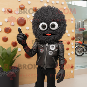 Black Falafel mascot costume character dressed with a Biker Jacket and Brooches