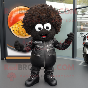 Black Falafel mascot costume character dressed with a Biker Jacket and Brooches