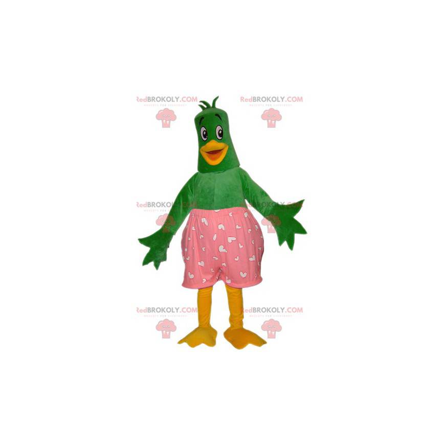 Green and yellow duck bird mascot with pink underpants -