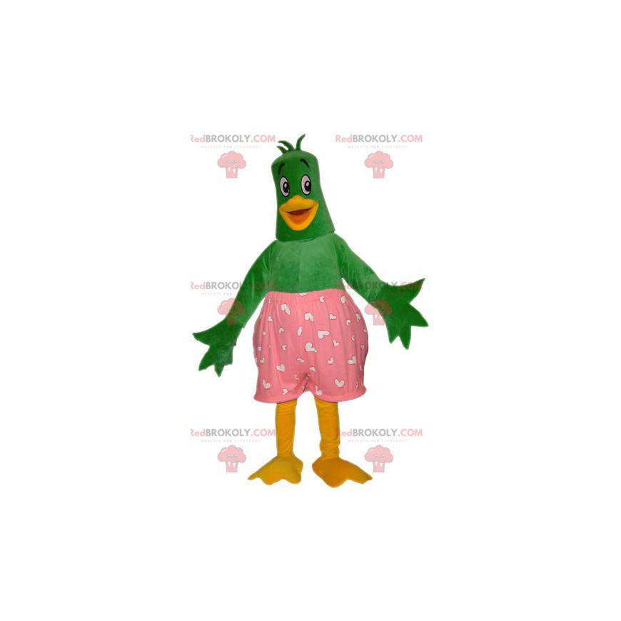 Grøn og gul andfuglemaskot med lyserøde underbukser -