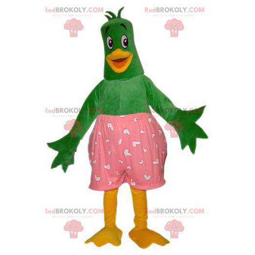 Groene en gele eend vogel mascotte met roze onderbroek -