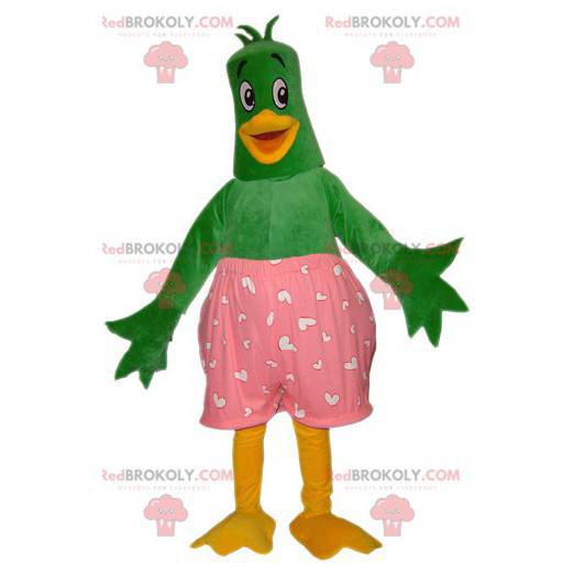 Mascote pássaro pato verde e amarelo com cueca rosa -