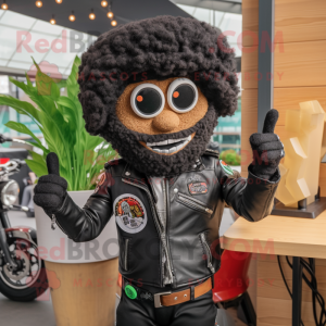 Black Falafel mascot costume character dressed with a Biker Jacket and Brooches