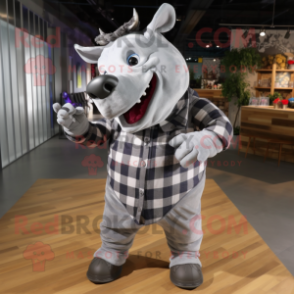 Silver Rhinoceros mascot costume character dressed with a Flannel Shirt and Shoe laces