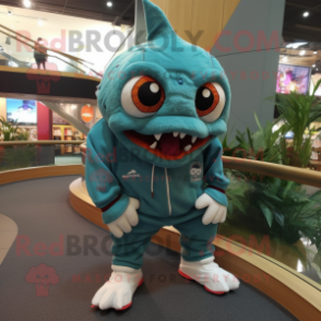 Teal Piranha mascot costume character dressed with a Long Sleeve Tee and Shoe laces