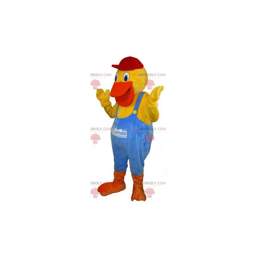Yellow and orange duck mascot dressed in blue overalls -